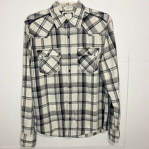 BKE Mens Small Athletic Fit Long Sleeve Pearl SnapPlaid Shirt White Black Gray